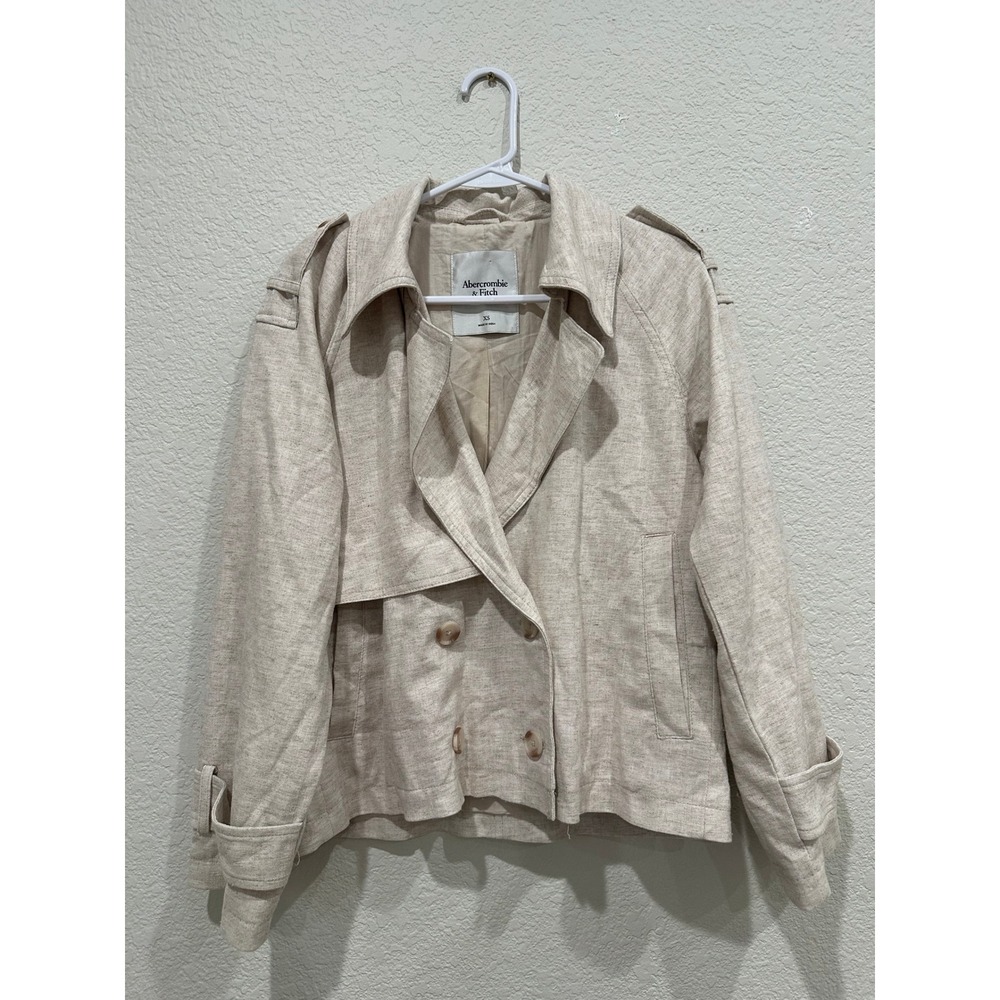 Abercrombie & Fitch Linen Blend Cropped Trench Jacket Beige‎ XS Double Breasted